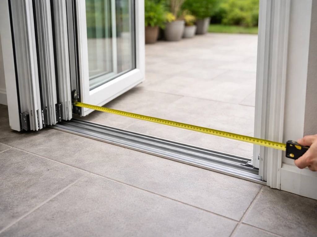 Close-up of stacked folded bi-fold patio door panels with a tape measure near the track for sizing.