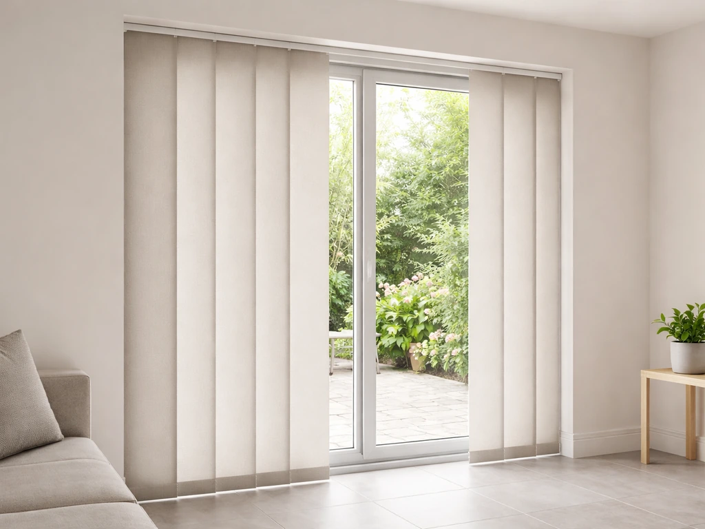 Bright UK living room view of a sliding patio door with neatly fitted vertical panel track blinds