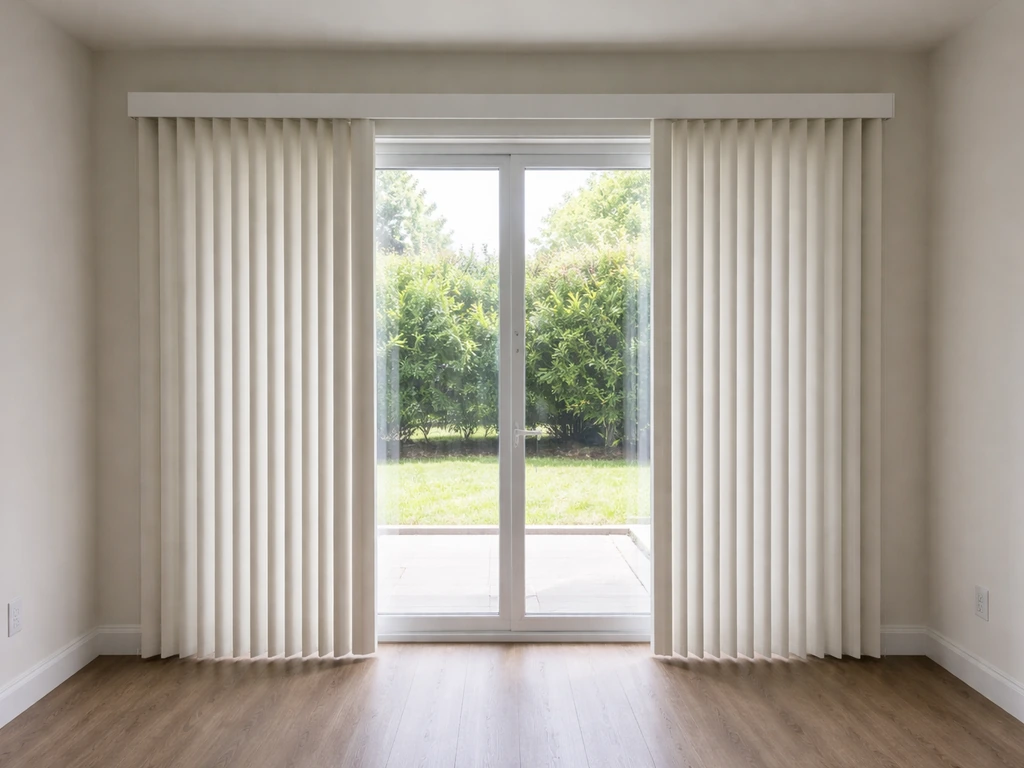 Split vertical blinds on a sliding patio door, showing slats on the top track.