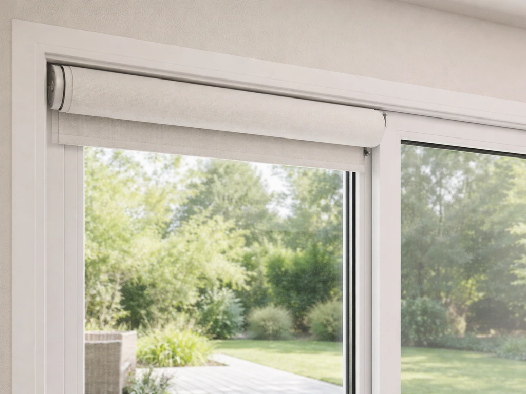 Roller blind on a sliding patio door, fabric neatly rolled above the fixed pane, natural light.
