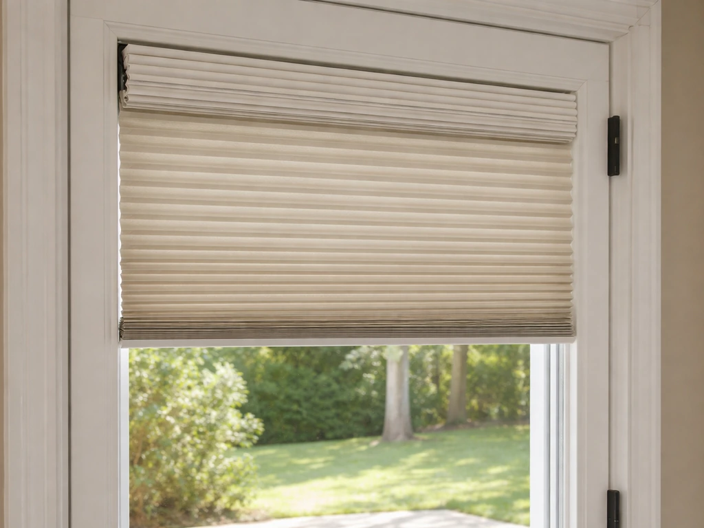 Cellular (honeycomb) blind stacked upward on a patio door glass, showing insulated window covering.