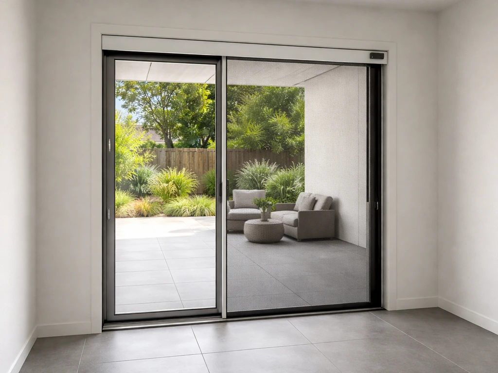 Modern patio sliding door with a partially extended motorized screen, photographed in natural light.