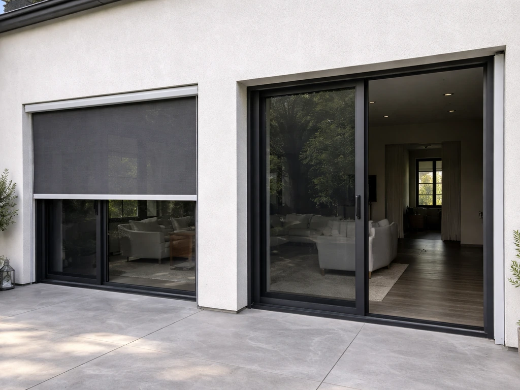 Patio doorway with a motorized rolldown screen on one side and a lateral-retractable screen on the other, minimal settin