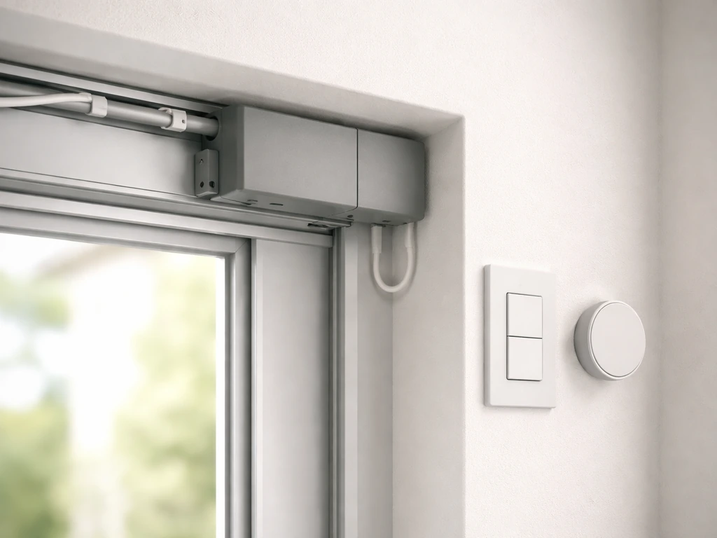 Close-up of a patio door cassette track with a compact motor unit and nearby wall switch and smart controller