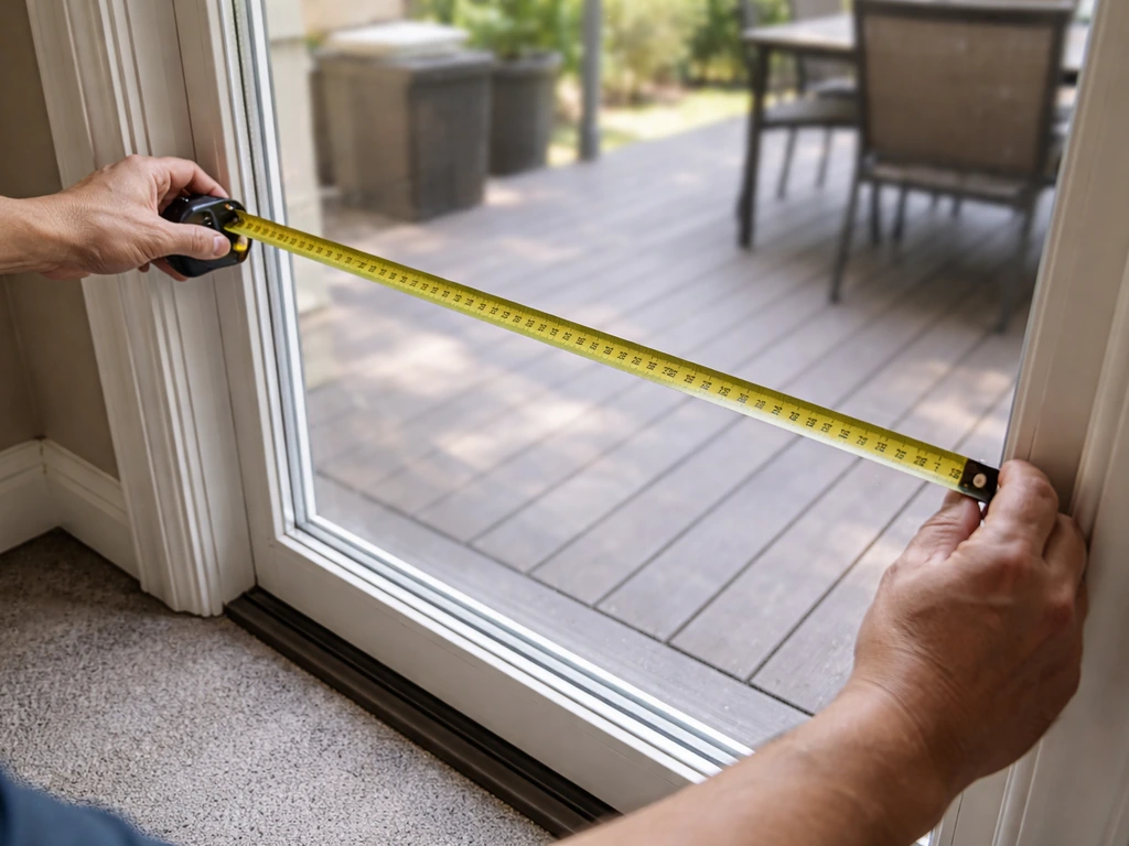 Close-up of a measuring tape against a patio door opening with a simple, uncluttered interior background.