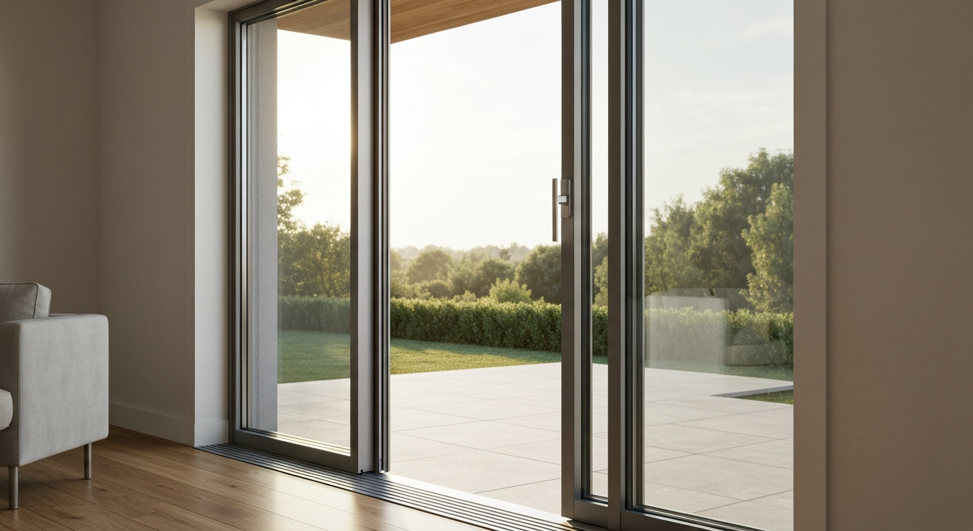 Modern interior with a large lift-and-slide patio door partly open; slim frame, visible handle in raised position, and low-profile sill leading to a sunlit patio.