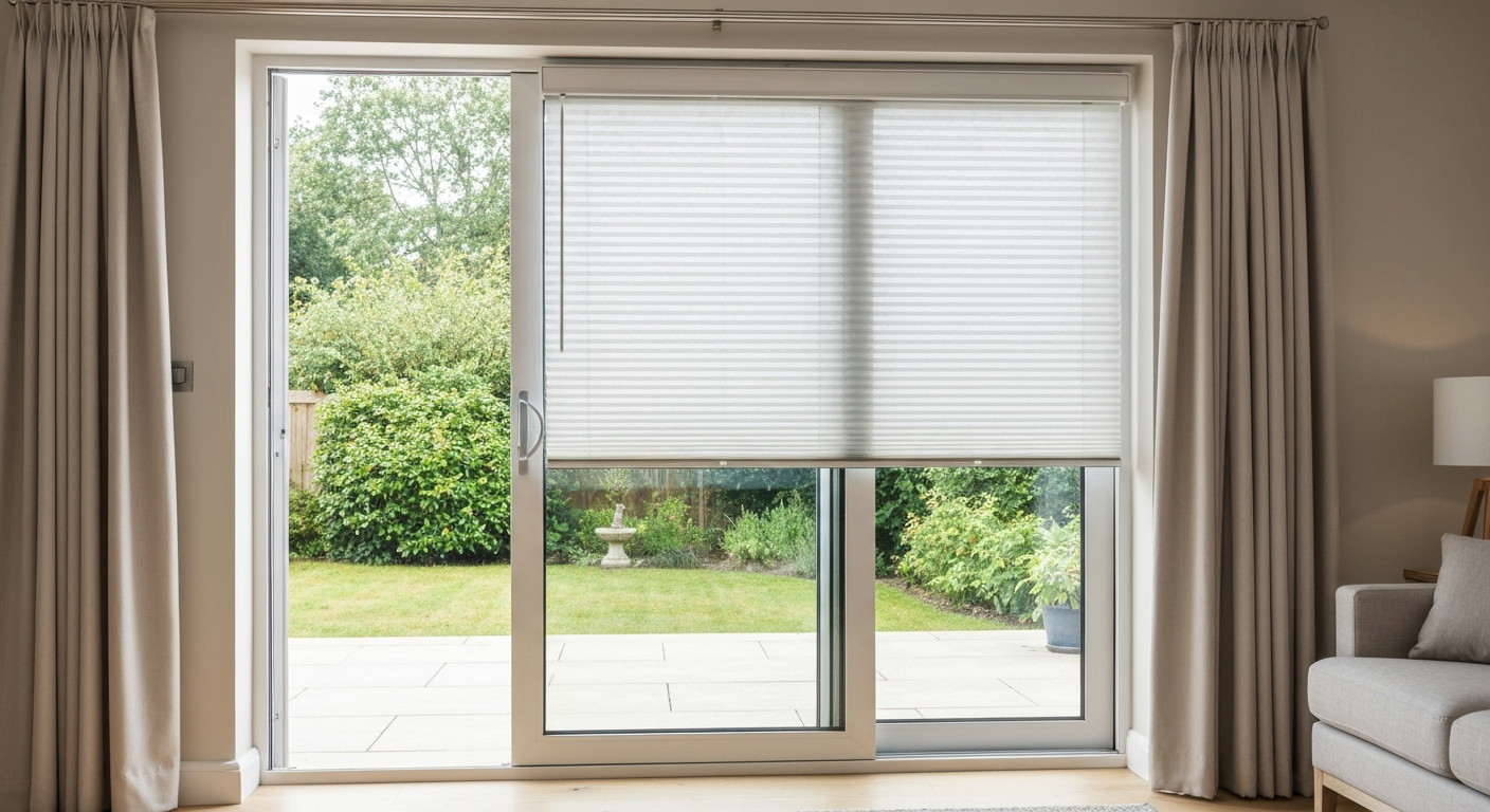 Modern living room with a sliding patio door fitted with a Perfect Fit blind clipped into the sash bead; blind partially lowered and sash partially open showing the blind moves with the door.