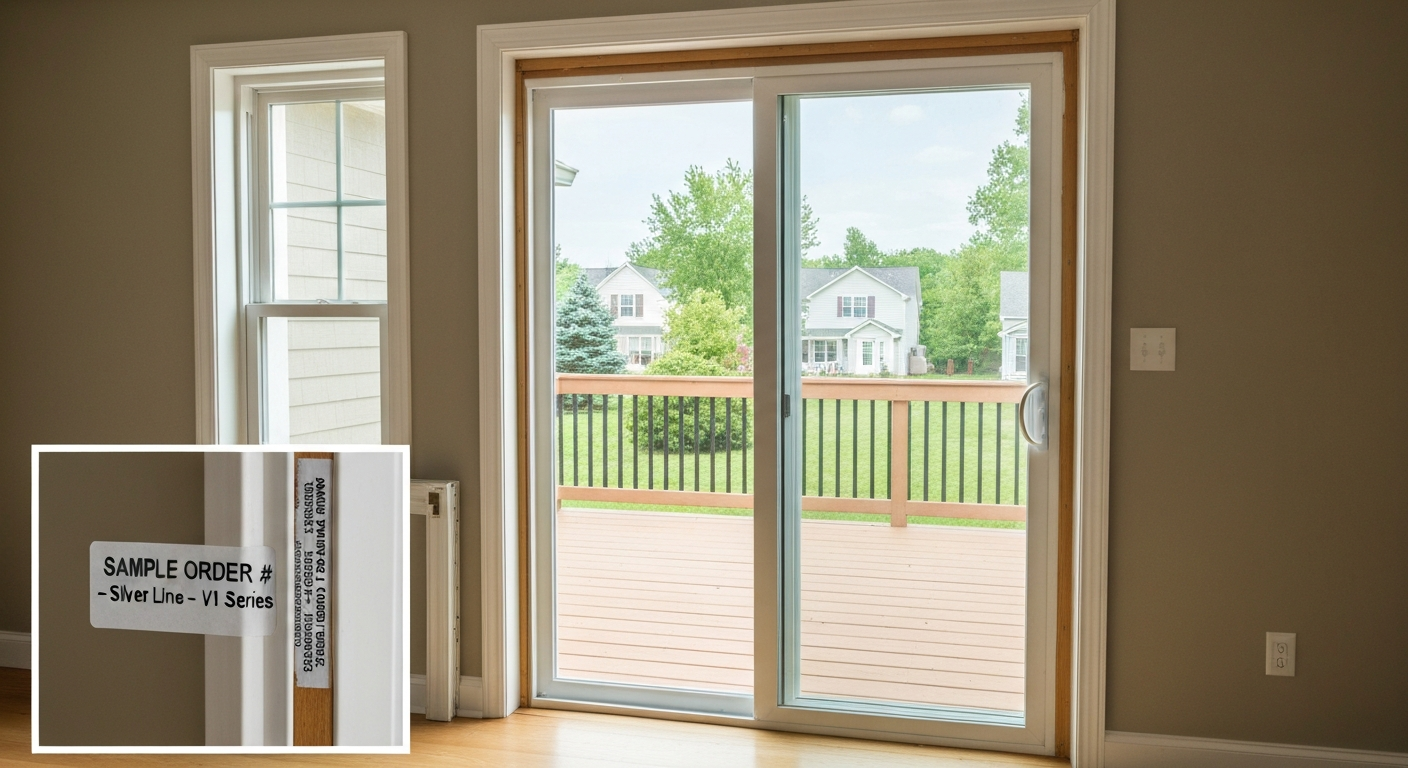 Interior view of a vinyl sliding patio door (Silver Line-style) looking out to a backyard; inset shows product label on the interior jamb with an example order number.