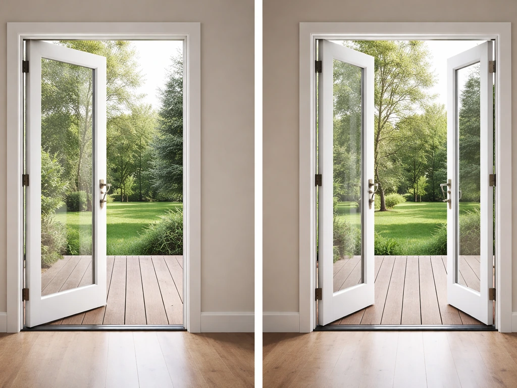 Hinged patio door and French door side by side, showing different swing panels and clearance