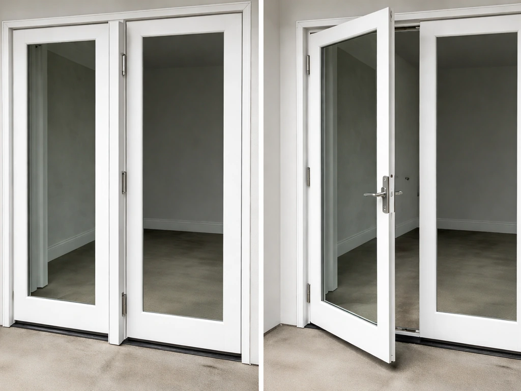 Side view of a center-hinged patio door swinging outward, showing how center hinge affects opening clearance.