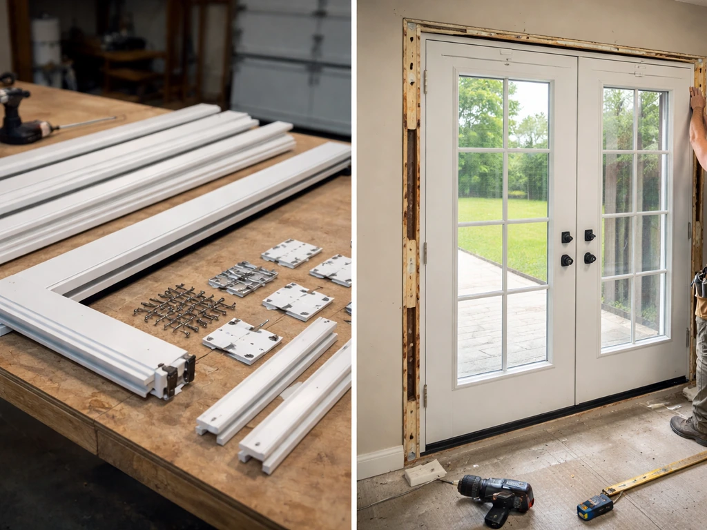 Split view showing patio/French door hardware on one side and shims/trim installation on the other.