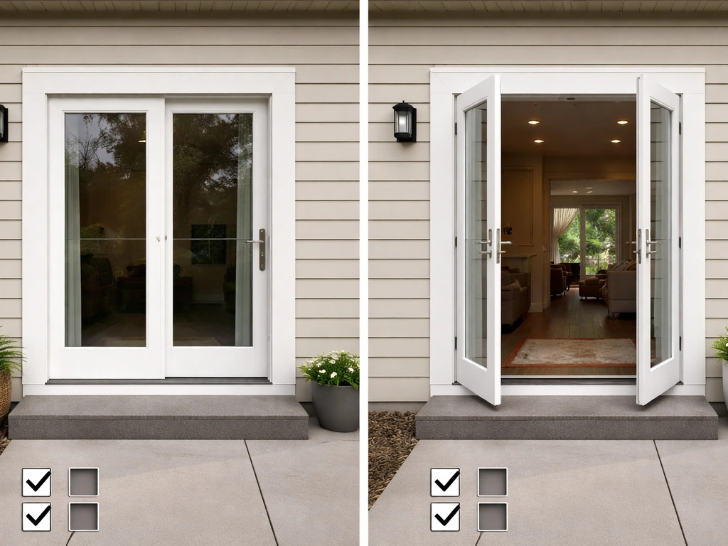 Split image showing two doorway options: center-hinged patio door vs full French door with simple checkmarks