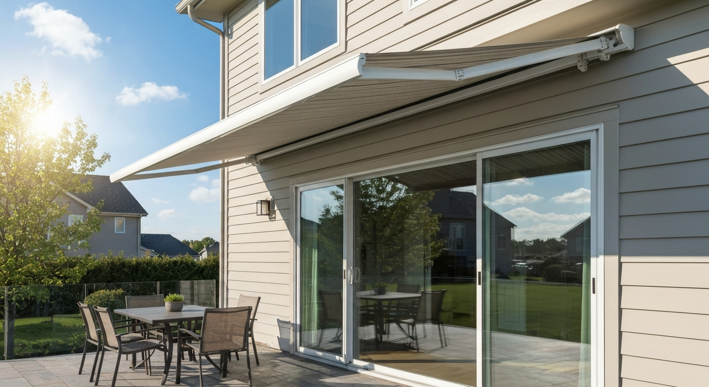 Motorized retractable patio awning extended over sliding glass doors shading an outdoor dining area.