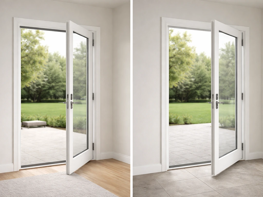 Split view of an inswing patio door and an outswing patio door opening opposite directions