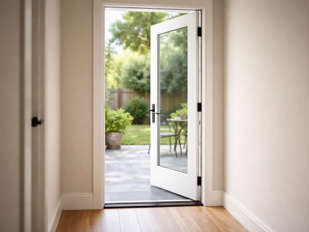 Minimal interior view of an inswing patio door opened inward, handle visible in the room