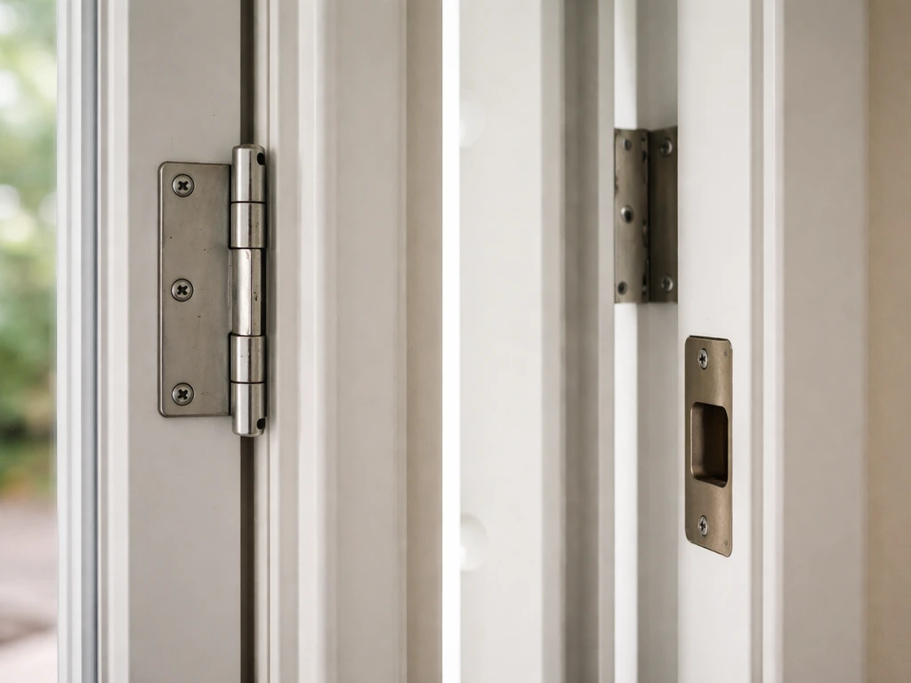 Close-up of exterior hinge pins on an outswing door beside a protected inswing door hinge/stop area