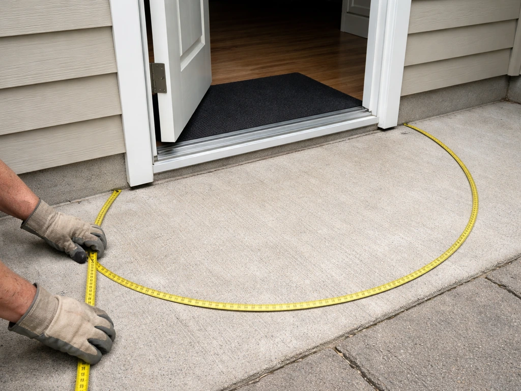Taped-off swing arc on a doorway exterior showing clearance for an outswing door
