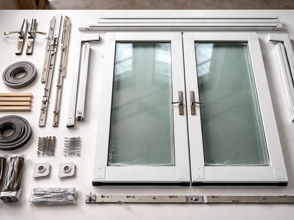 Close-up flat-lay of French patio door kit parts: frame pieces, double-pane glass, and hardware.