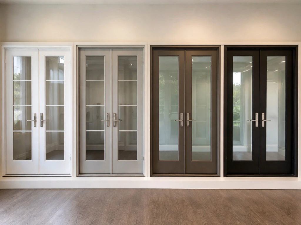 Minimal showroom lineup of French door samples showing different frame finishes and glass packages.