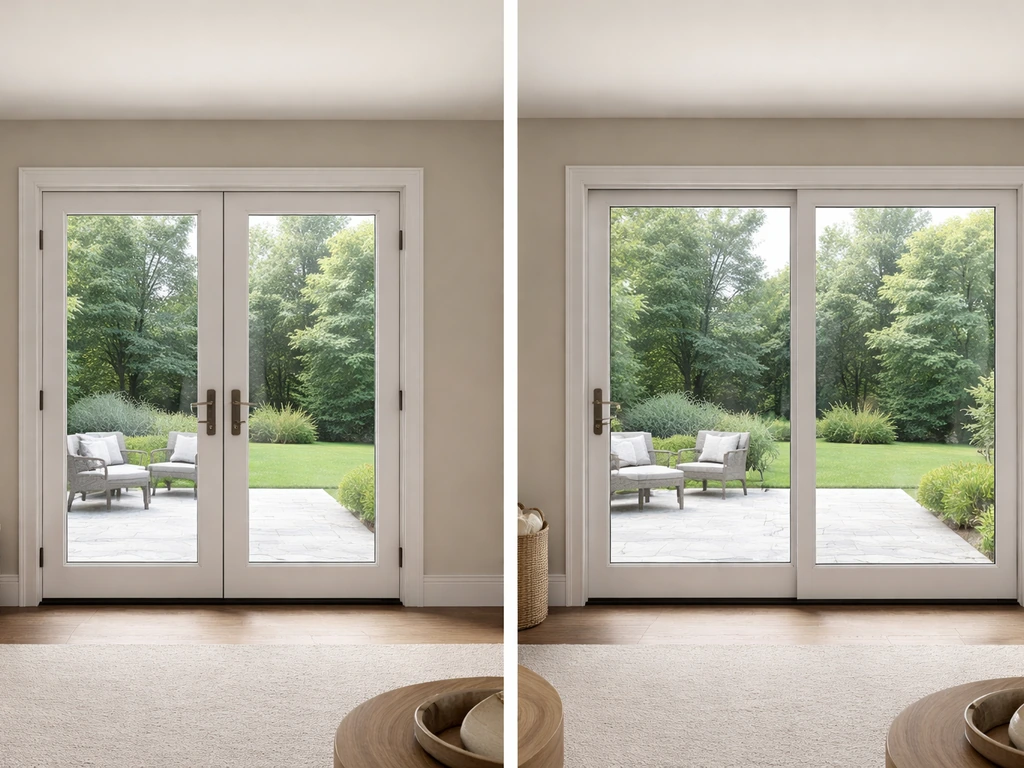 Side-by-side photo of 6-ft double French door and 8-ft double panel door with panel widths visible.