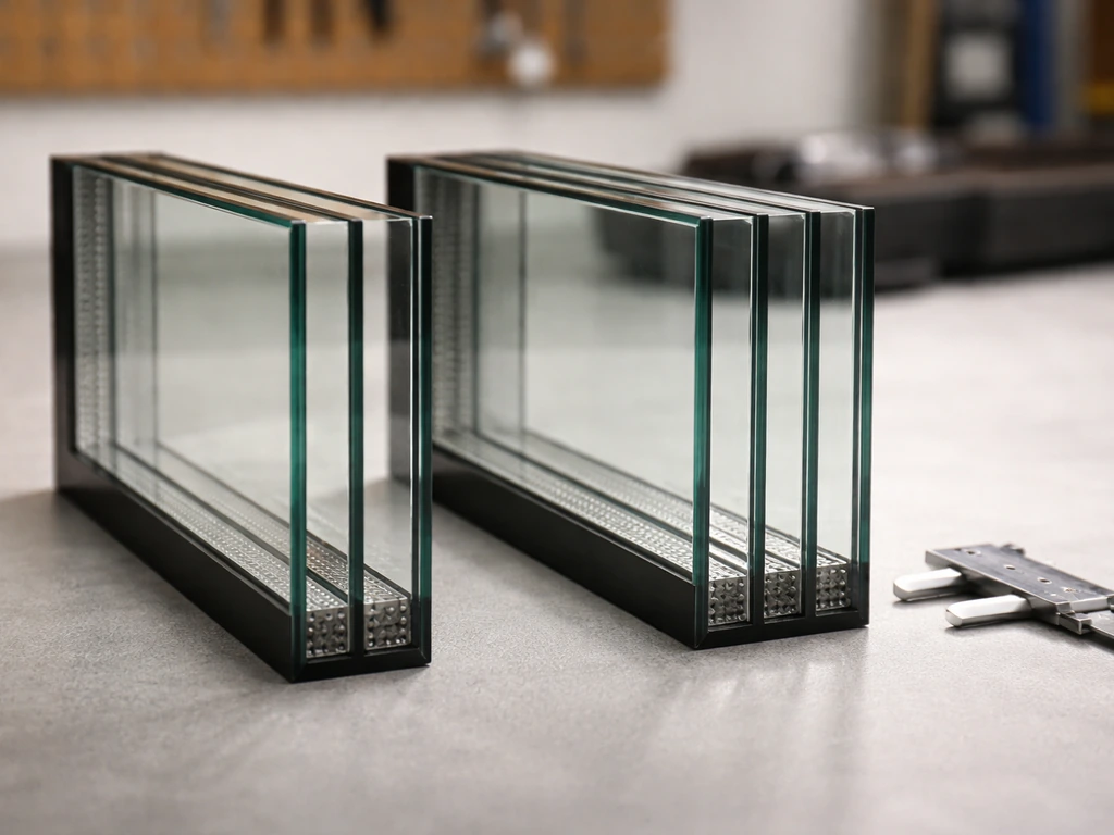 Close-up of two insulated glass samples side-by-side showing double-pane versus triple-pane thickness.