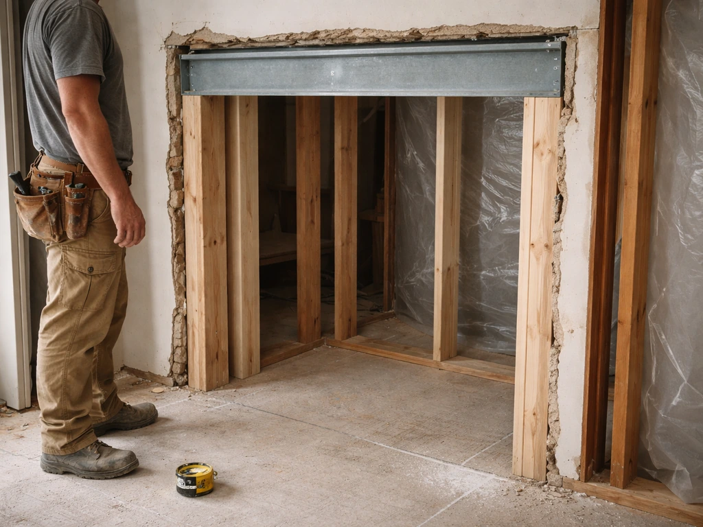 Construction crew works on a new wall opening with exposed studs and a header, tape measure on the floor.