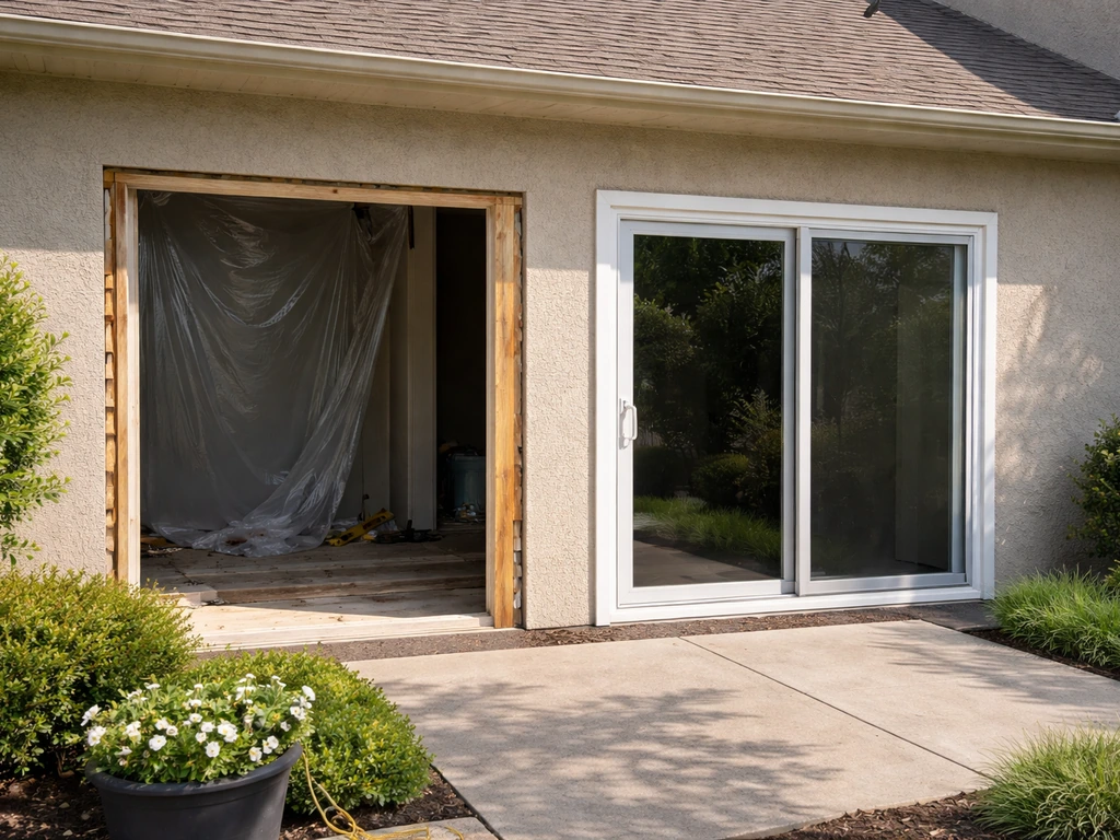 Wide exterior shot of a Fort Worth home with a patio door replacement in progress, frames and trim visible