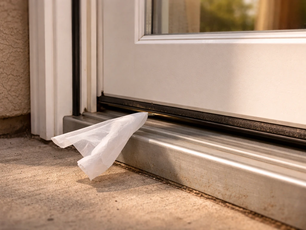 Close-up of a patio door threshold with a small air gap showing daylight and a fluttering tissue