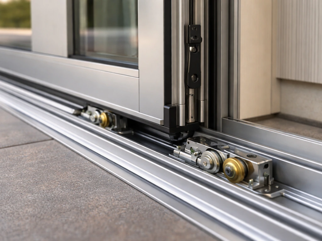 Close-up of a lift-and-slide patio door track and rollers with locking rail detail