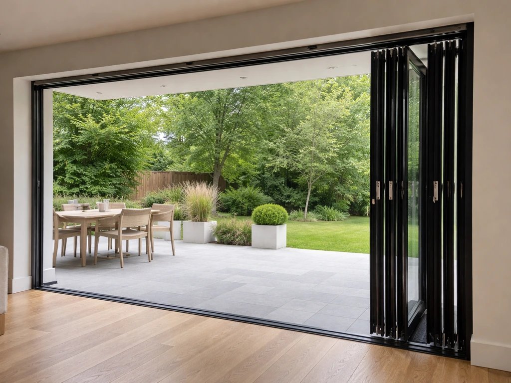 Open bifold patio doors with stacked accordion panels and top track hardware in a bright modern home.