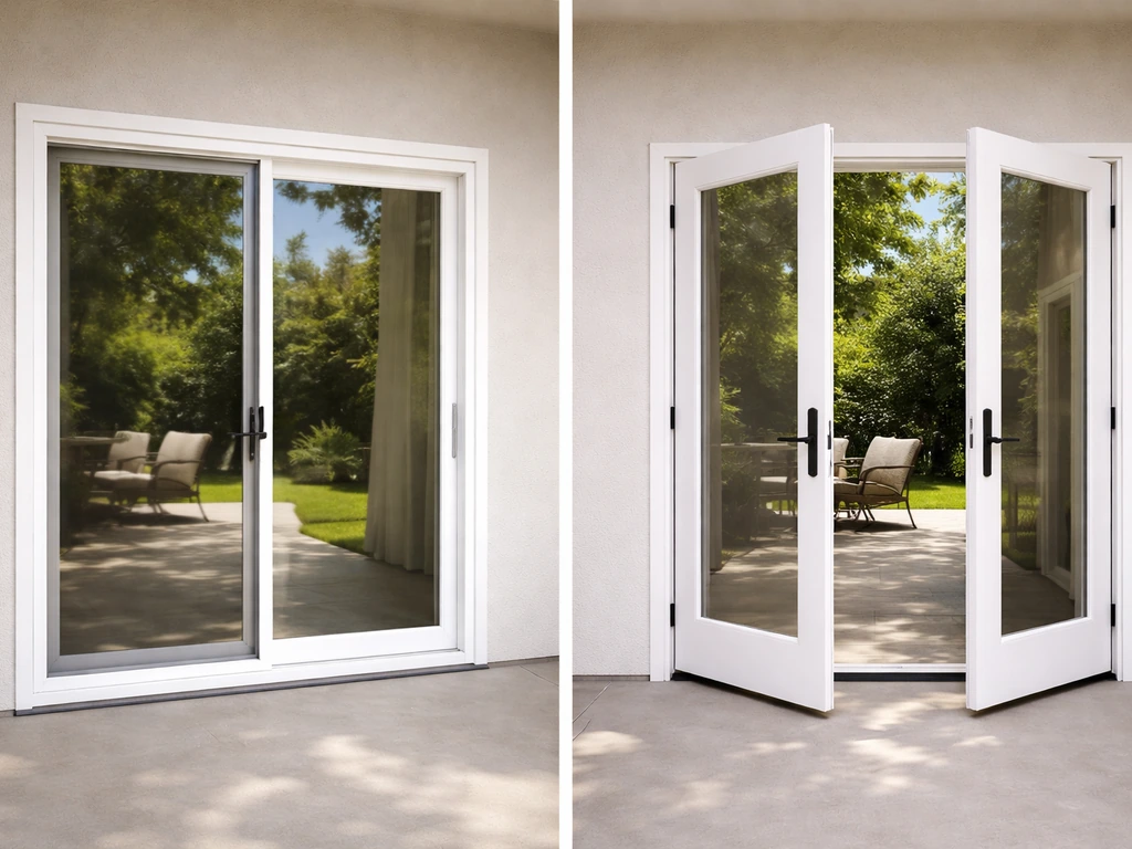 Side-by-side view of a fiberglass sliding patio door and a fiberglass French patio door in a simple outdoor setting.