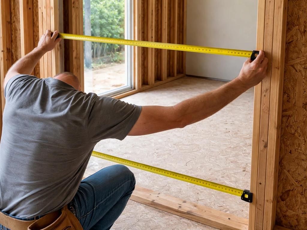Homeowner using a tape measure to measure a rough opening for a sliding patio door next to framing studs.