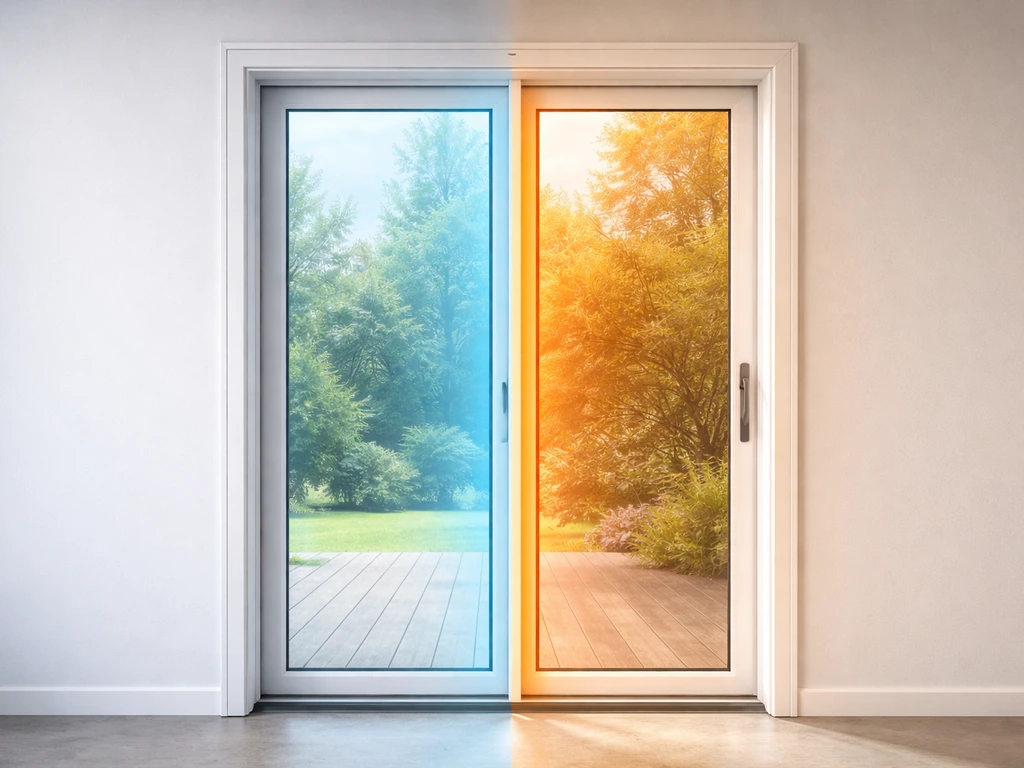 Patio door cross-section concept with subtle heat-flow gradient across frame and glass to show low heat transfer