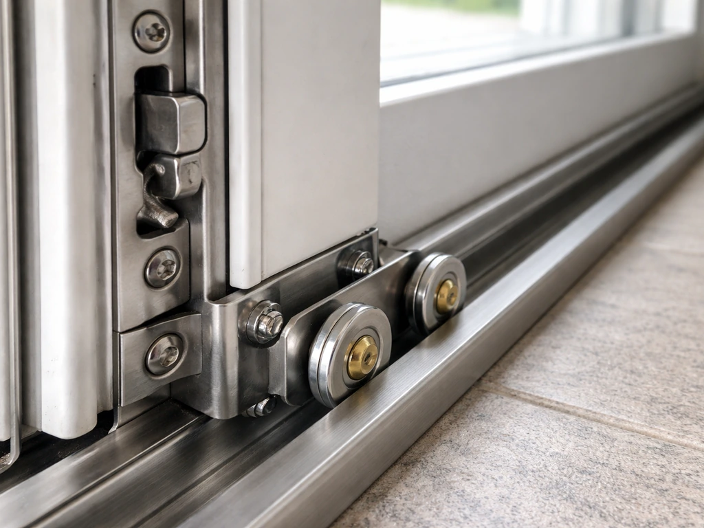 Close-up of stainless-steel tandem rollers and multi-point locking hardware on a sliding patio door track.