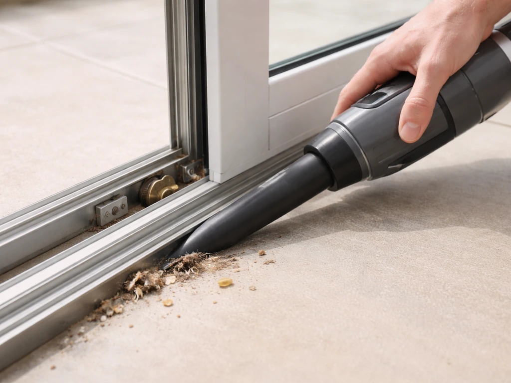 Hand vacuuming debris from a sliding patio door track, showing rollers and the frame area ready for care