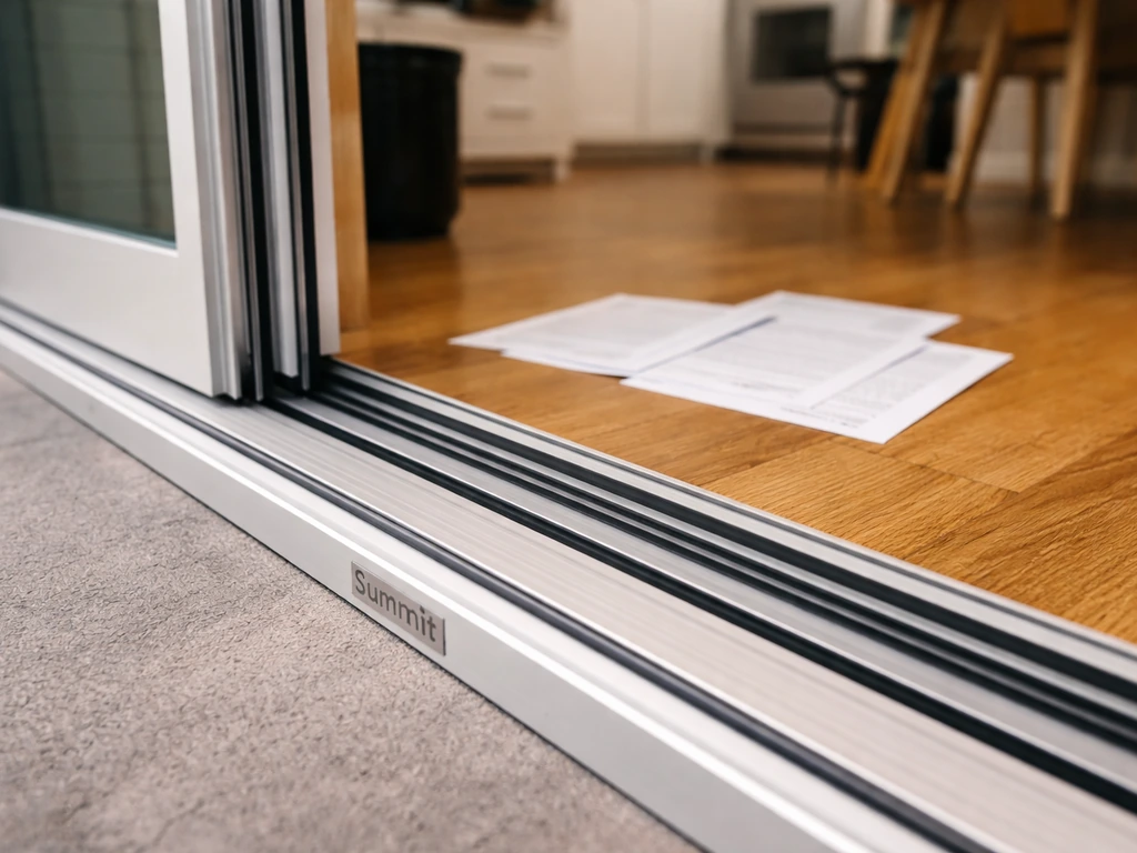 Close-up of a Summit patio door frame with warranty papers on the home threshold.