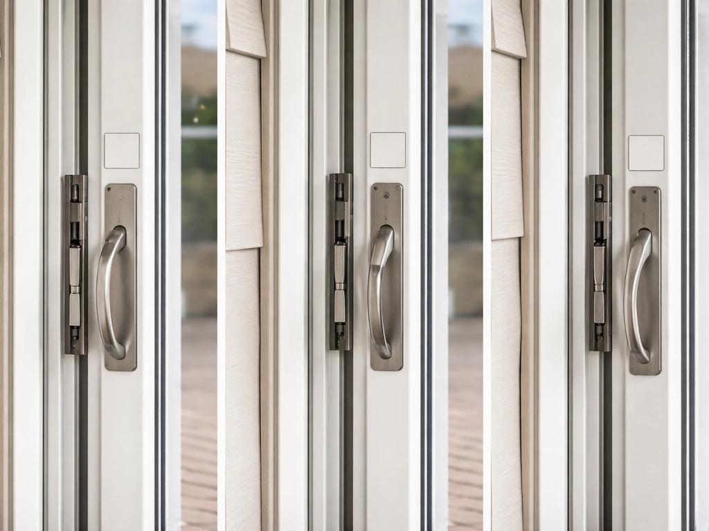Close-up of patio door frame showing three different hardware/label areas on the same unit.