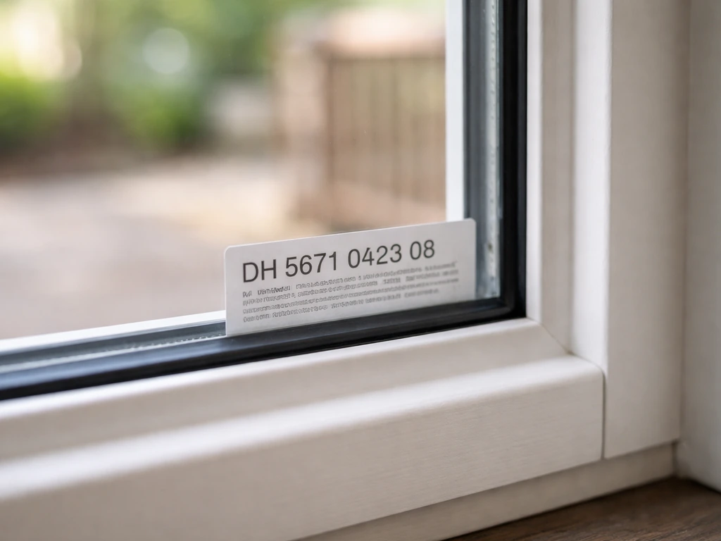 Extreme close-up of a patio door glass corner showing a manufacturer code area on the frame edge.