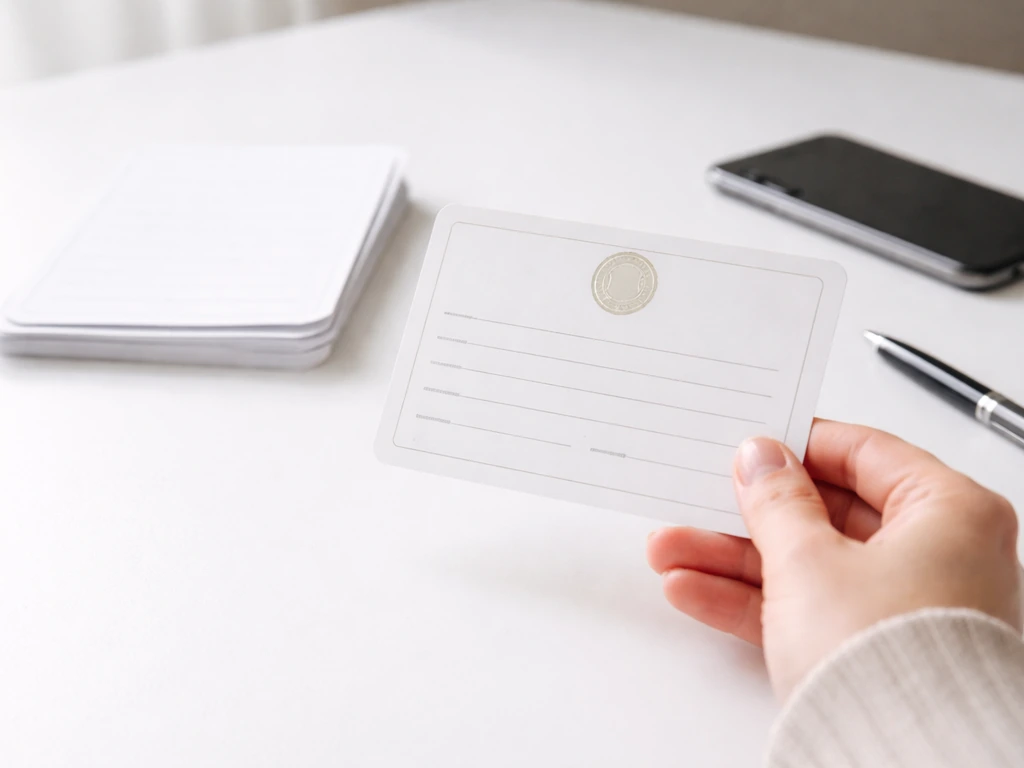 Close-up of a hand holding a warranty card and a small service phone note on a clean desk