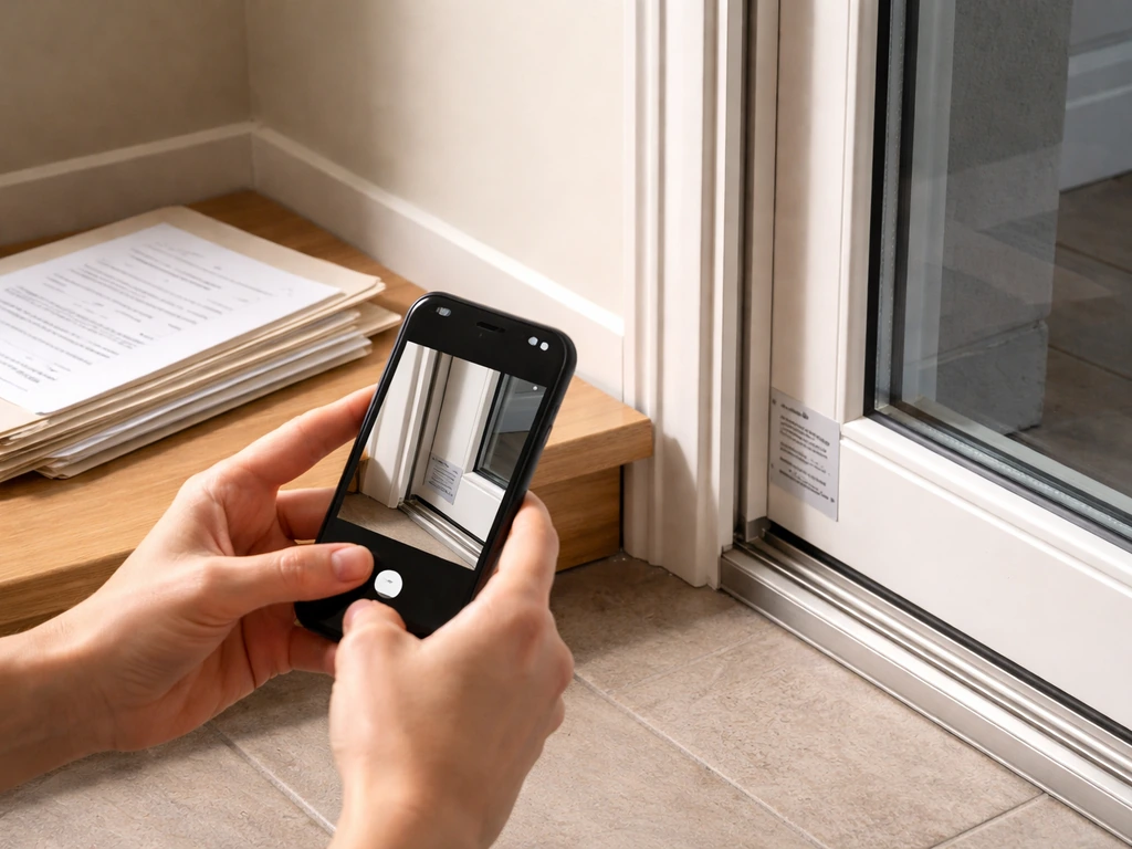 Phone photographing a residential door label and codes; purchase papers placed beside the door