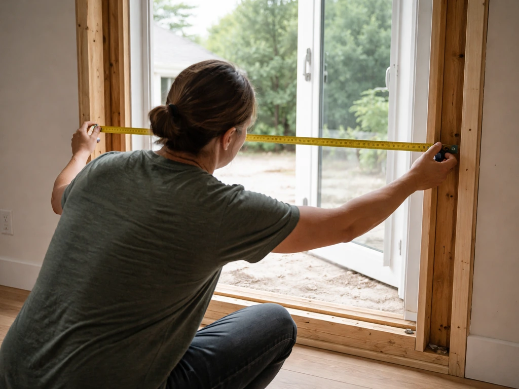 Homeowner kneeling at a patio door rough opening, tape measure aligned to interior framing.