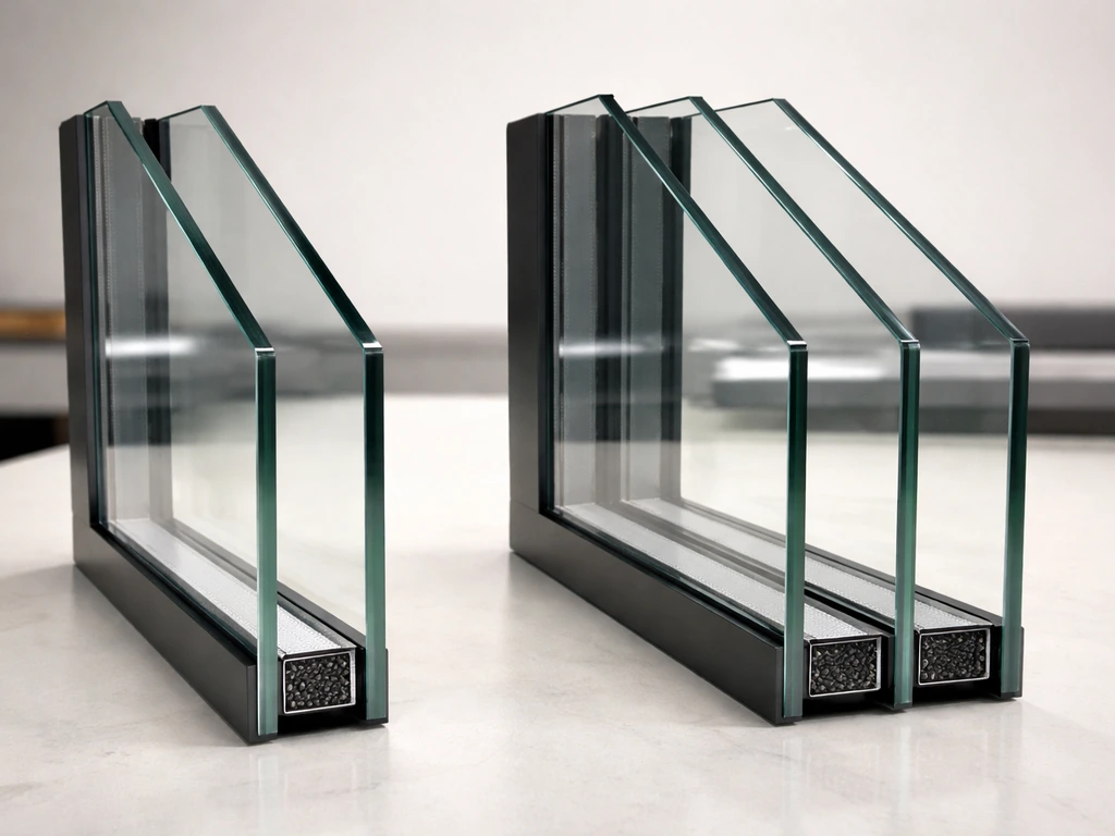 Closeup cutaway glass assembly showing double-pane and triple-pane air spaces between panes