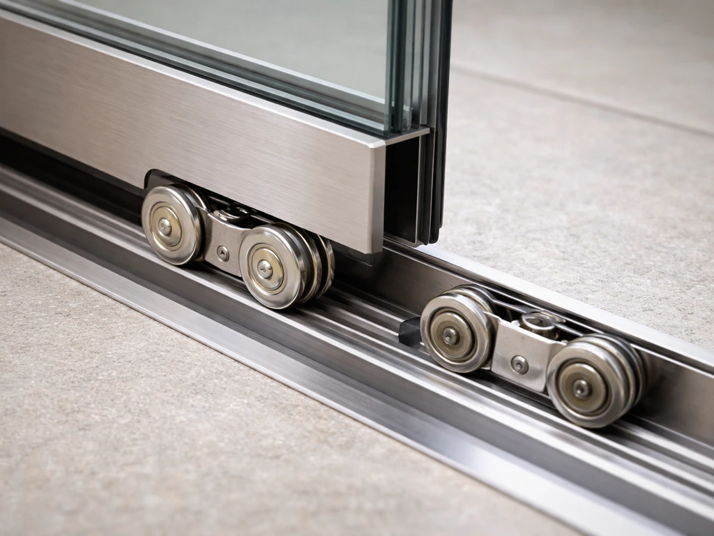 Closeup of a sliding door bottom track showing tandem rollers and a worn roller setup for comparison.