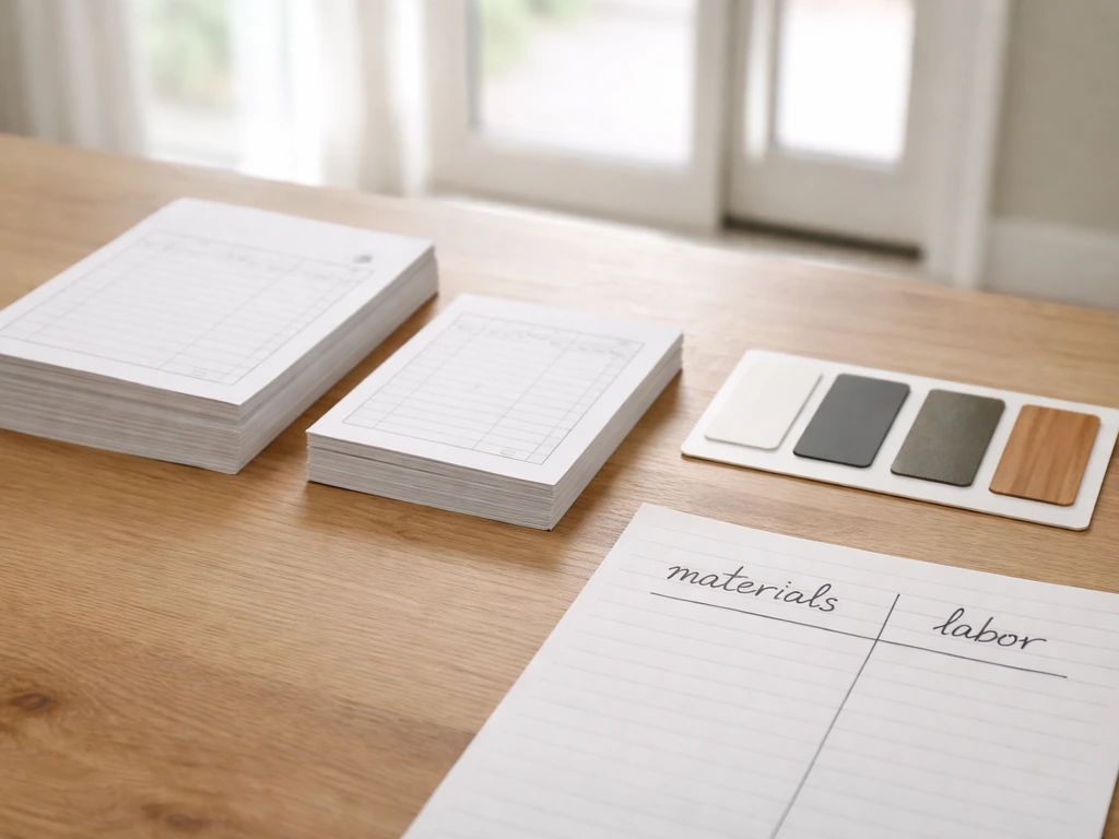 Neatly arranged receipts and a patio door material sample card on a work table with a simple door opening backdrop.