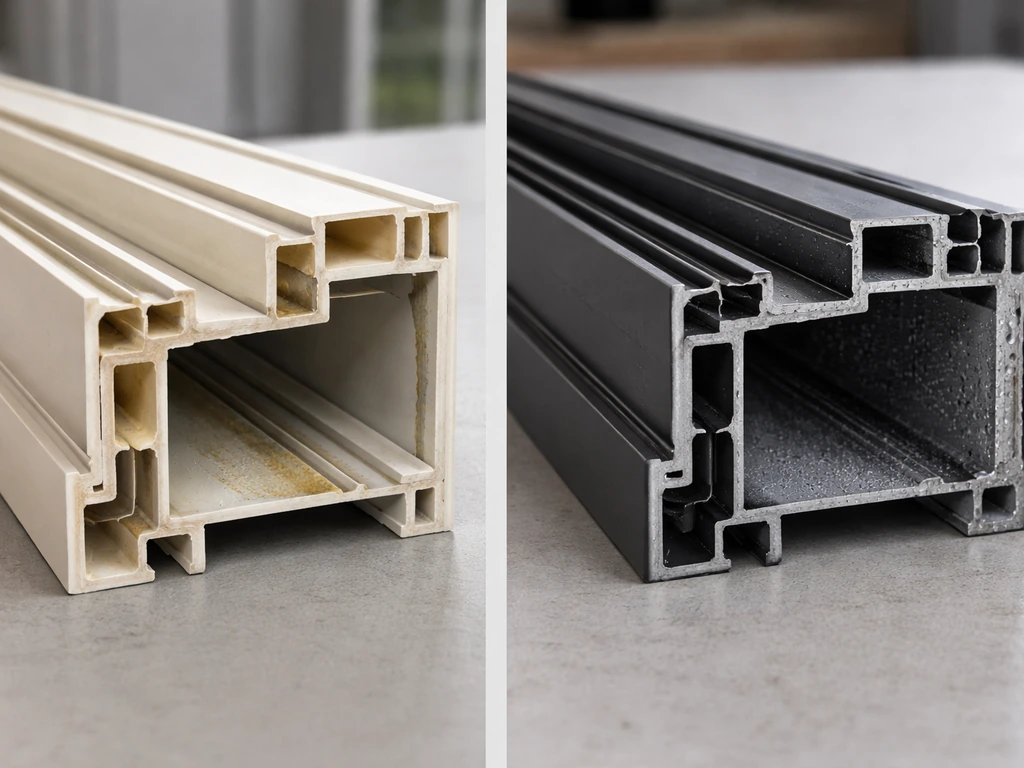 Side-by-side photo of fiberglass vs steel patio door frame sections, with condensation on steel but not fiberglass.