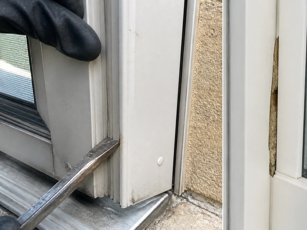Close-up of a reinforced steel patio door frame corner with a gloved hand near a pry tool, showing strength vs fiberglas