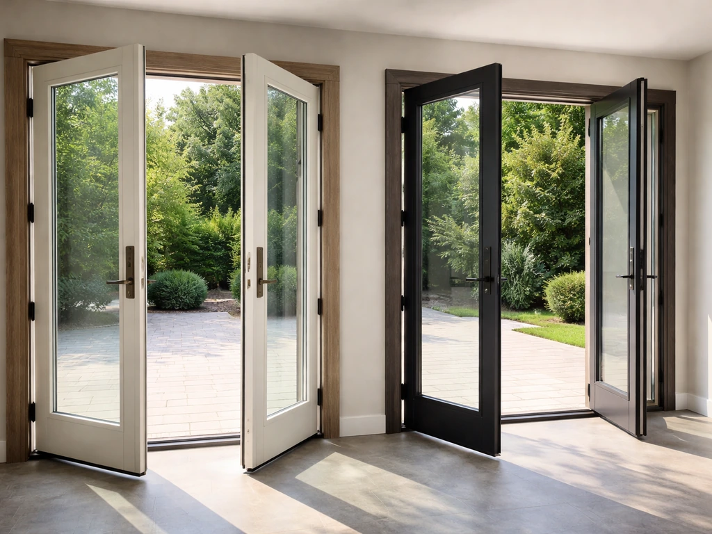 Side-by-side French patio doors, one fiberglass and one steel, with thick hinges and swing leaves shown ajar.