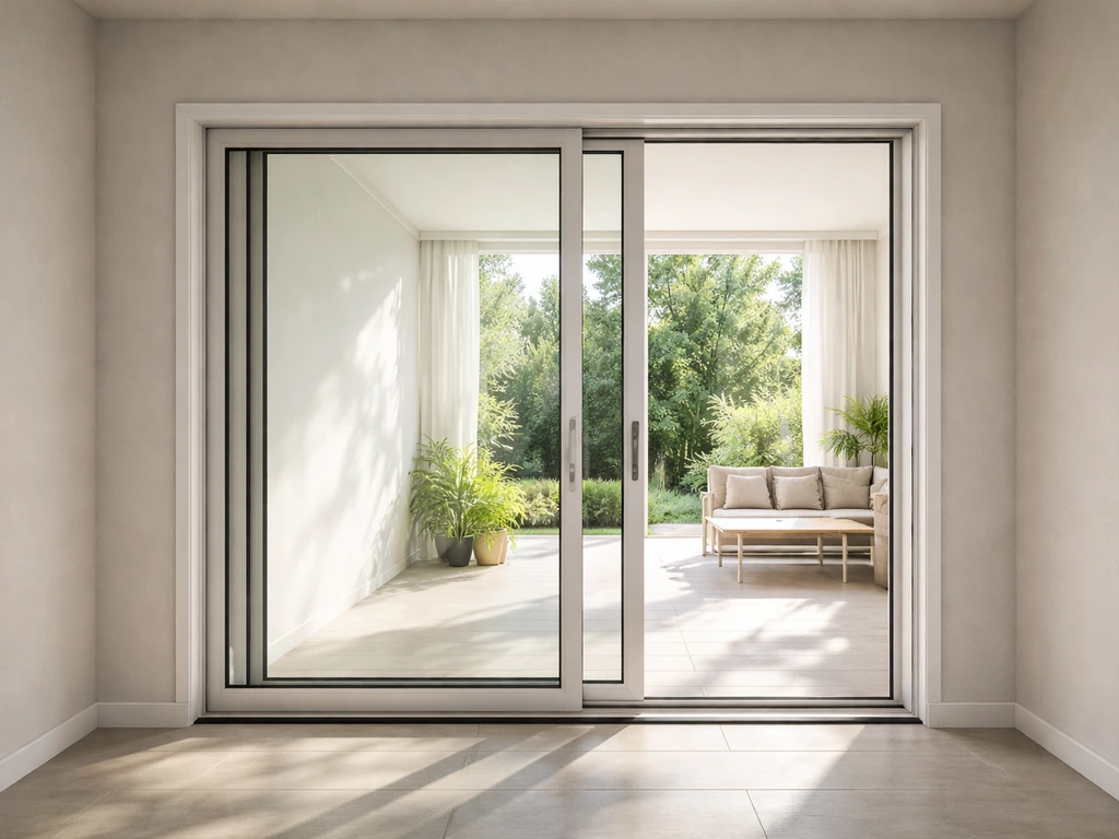 High-end insulated sliding patio door with thick glazing and clean insulated frame at a bright home entry.