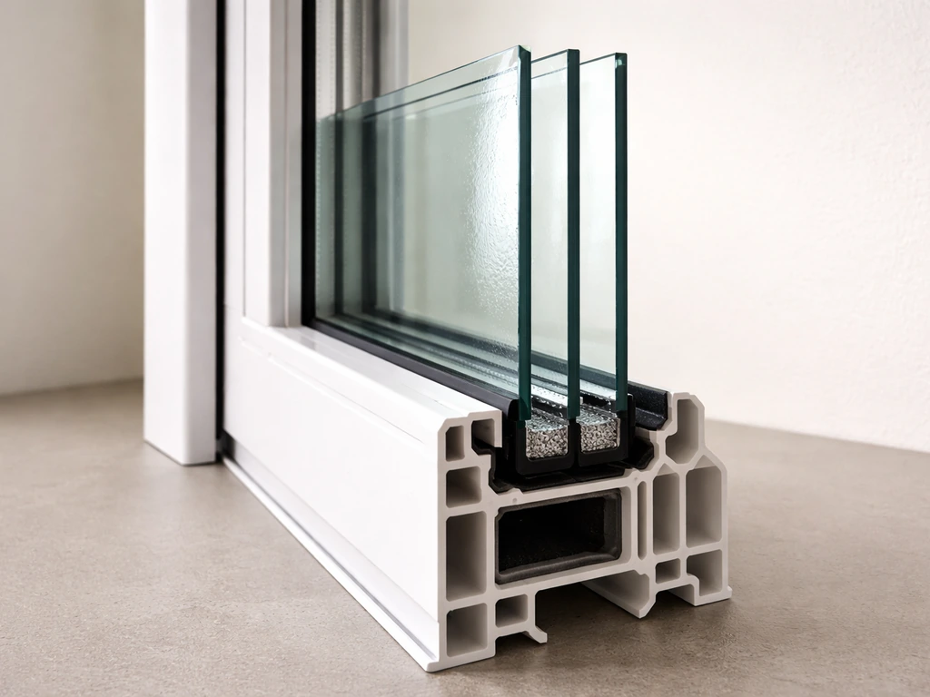 Cross-section view of a high-performance sliding patio door showing IGU panes, low-E coating, spacer, and gas fill layer