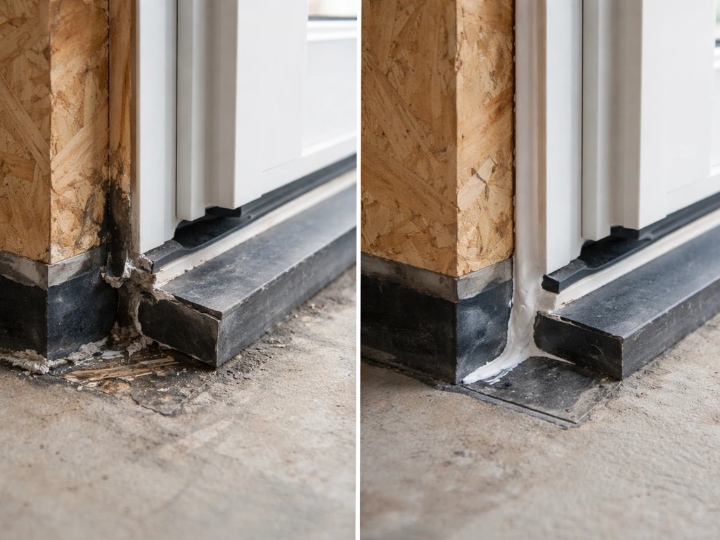 Close-up of a sliding door rough opening with missed flashing/sealing gaps beside properly sealed perimeter